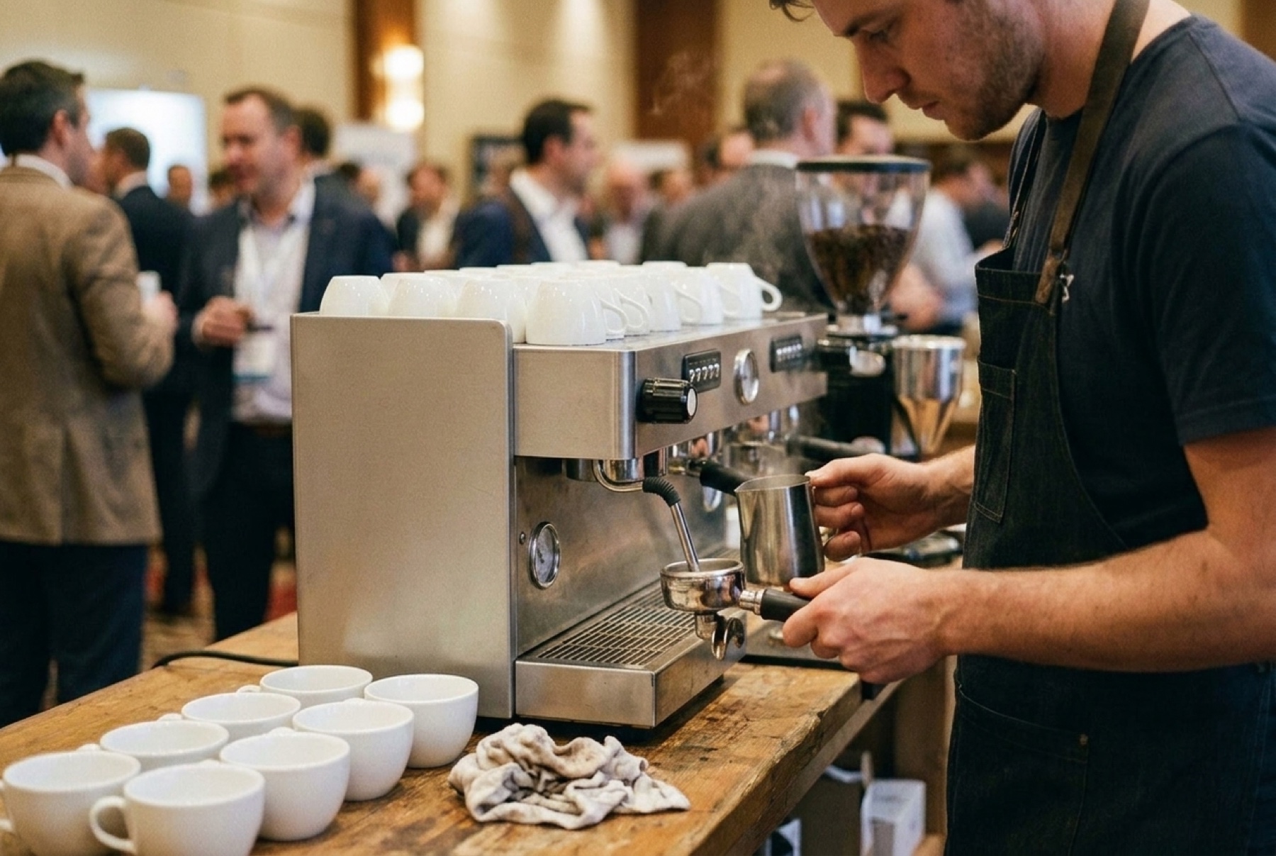 Barista bereitet Espresso an der mobilen Kaffeebar zu