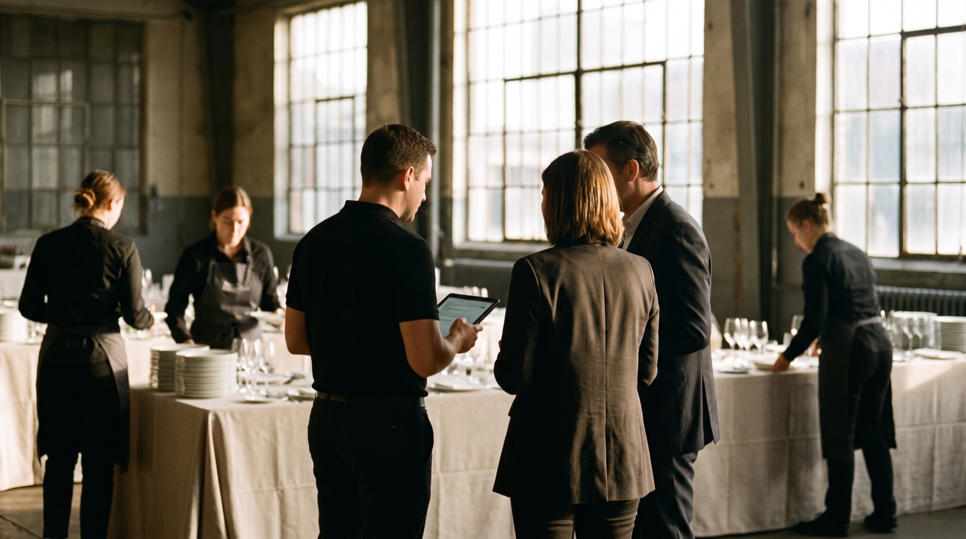 Projektleiter im Briefing mit zwei Ansprechpartnern des Kunden, im Hintergrund deckt das Serviceteam die Tafel ein