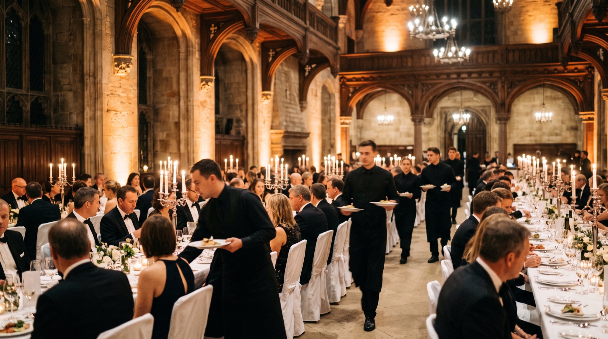 Gala-Dinner im historischen Festsaal: lange Tafeln bei Kerzenlicht, Service im Gang