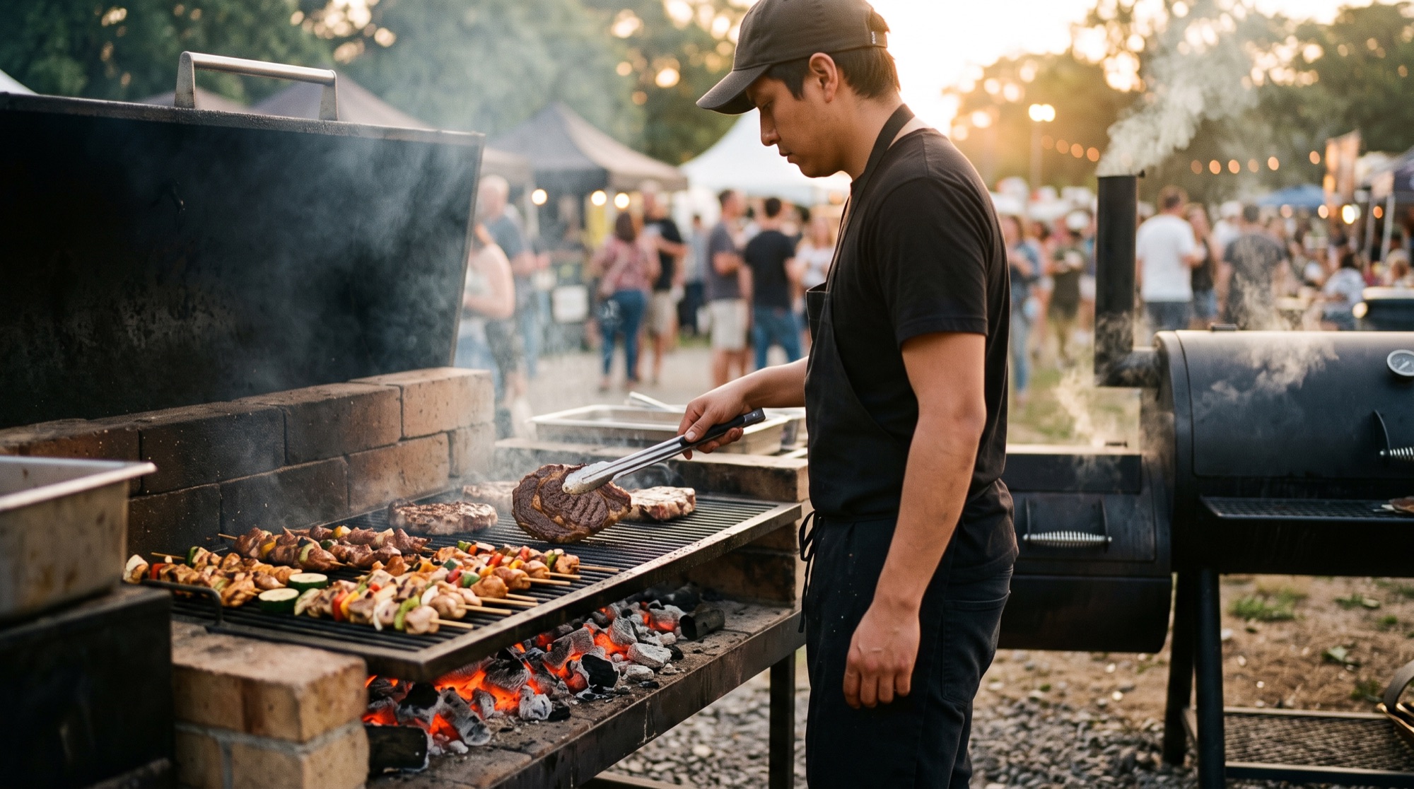 Grill und BBQ-Smoker im Einsatz: Steaks und Spieße über der Glut in der Abendsonne