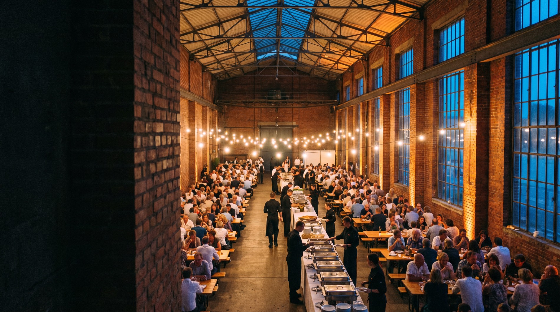 Gro&szlig;veranstaltung in einer Industriehalle: lange Tafeln, hunderte G&auml;ste, Ausgabestation mit Crew