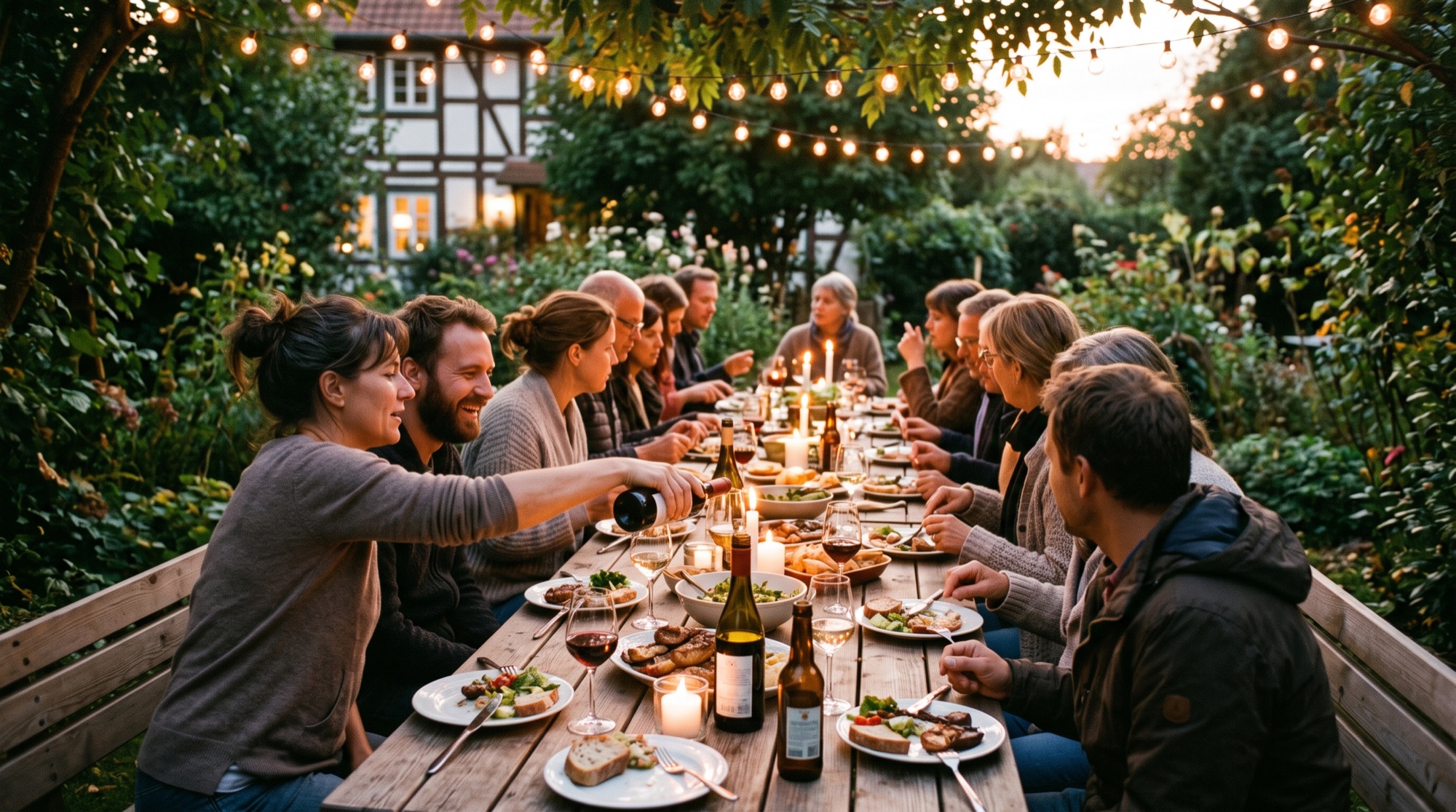 Private Gartenfeier in der Dämmerung: lange Tafel unter Lichterketten, Gäste beim Essen