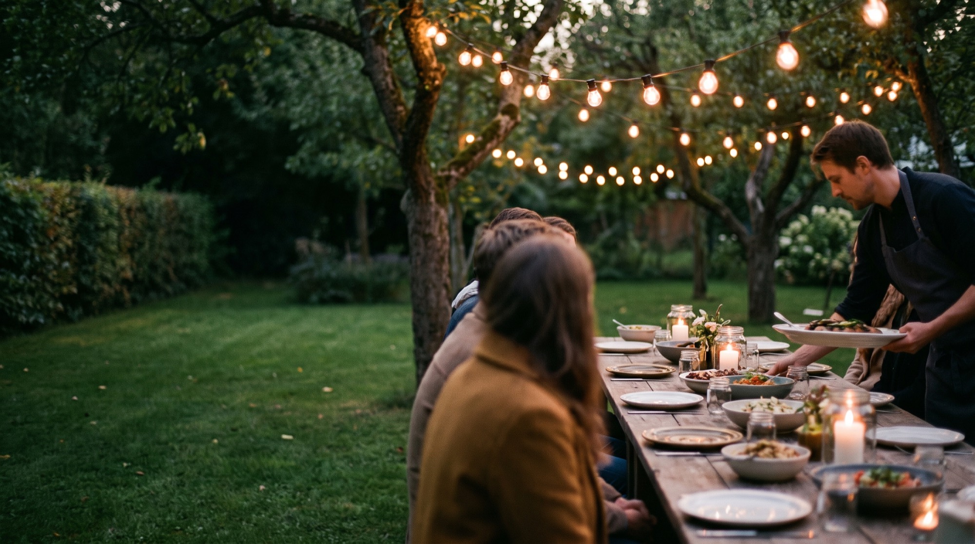 Private Gartenfeier in der Dämmerung: lange Tafel unter Lichterketten, Gäste beim Essen