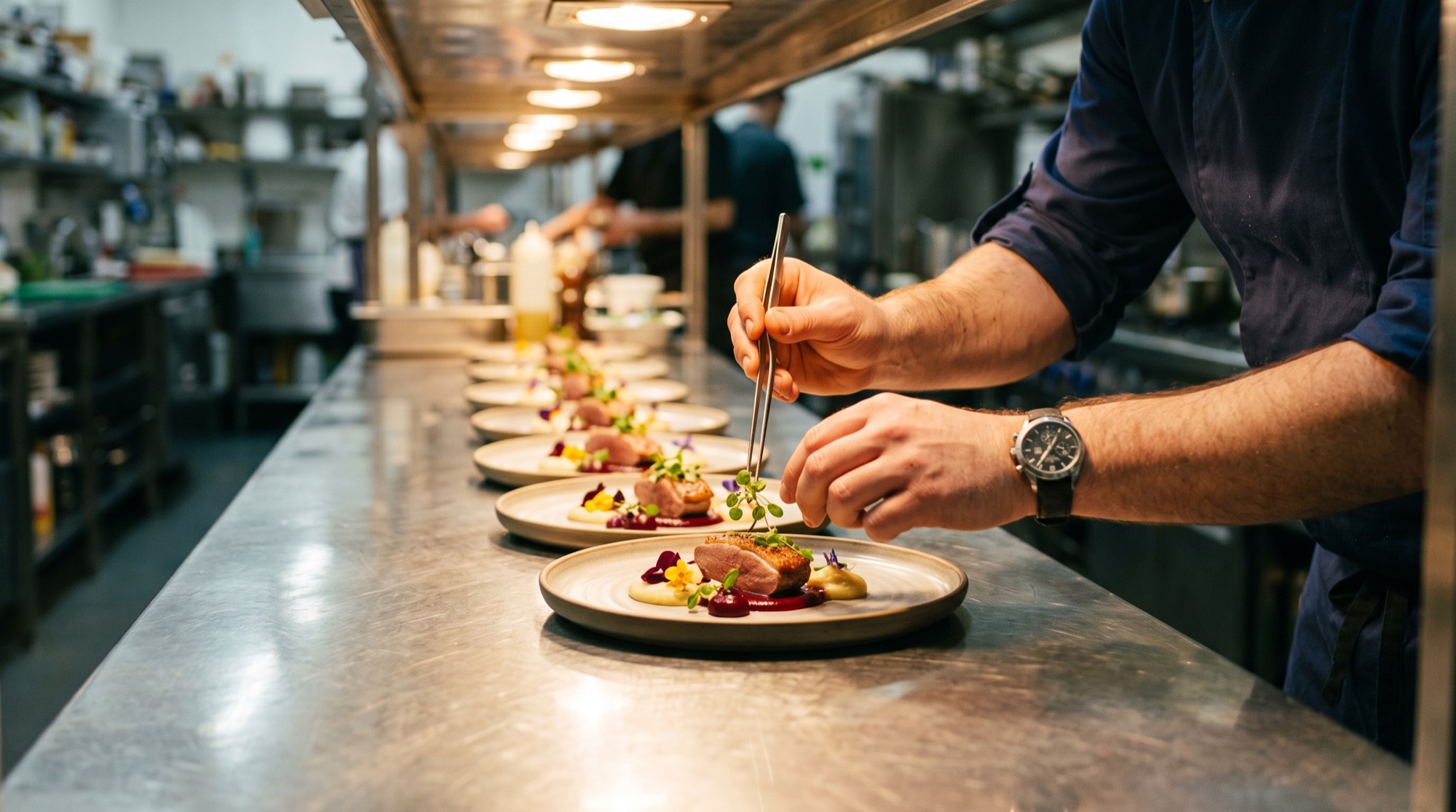 Koch richtet Teller am Pass an &ndash; Sorgfalt in der K&uuml;che von STREET-KITCHEN