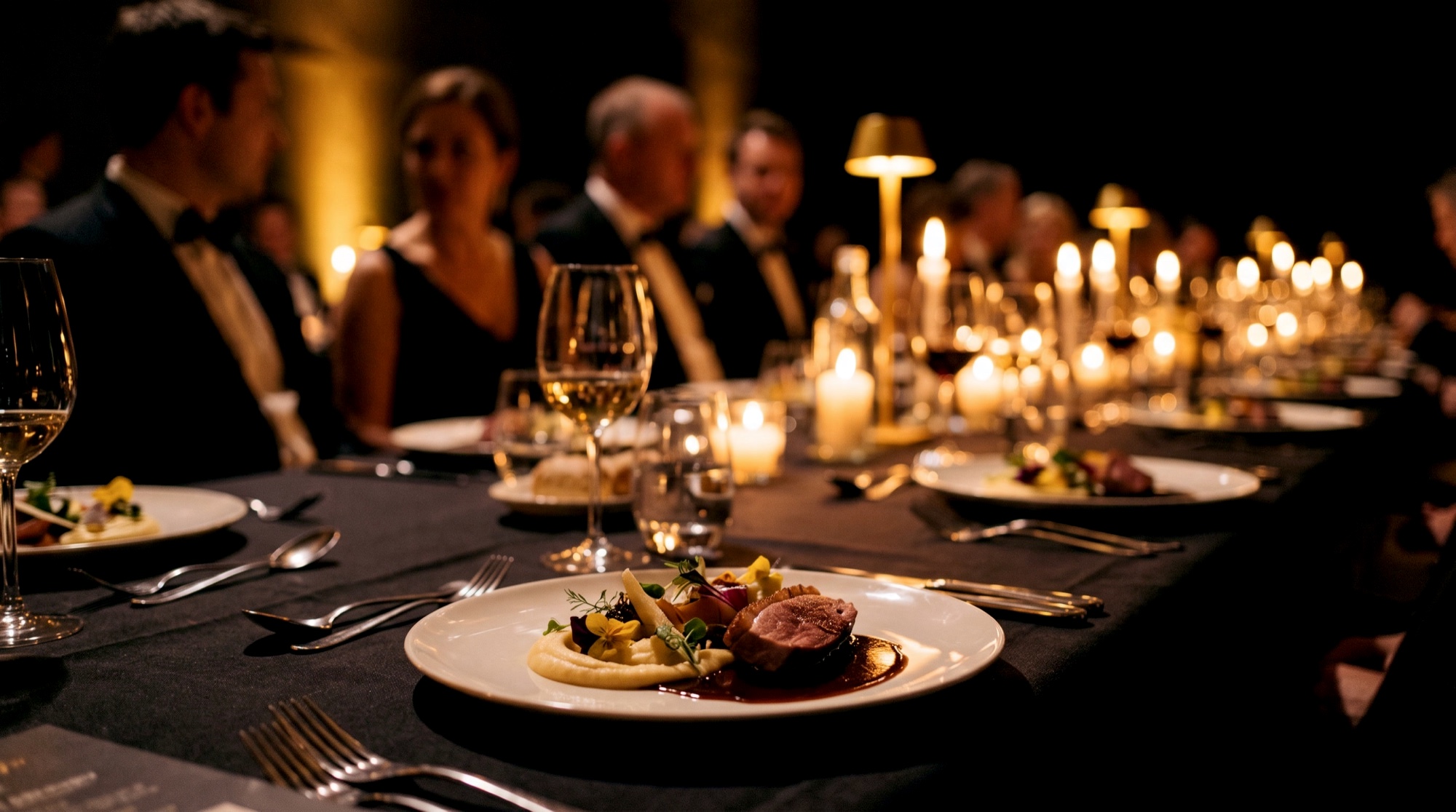 Gala-Dinner: angerichteter Gang auf der langen Tafel, Gäste in Abendgarderobe im Kerzenlicht