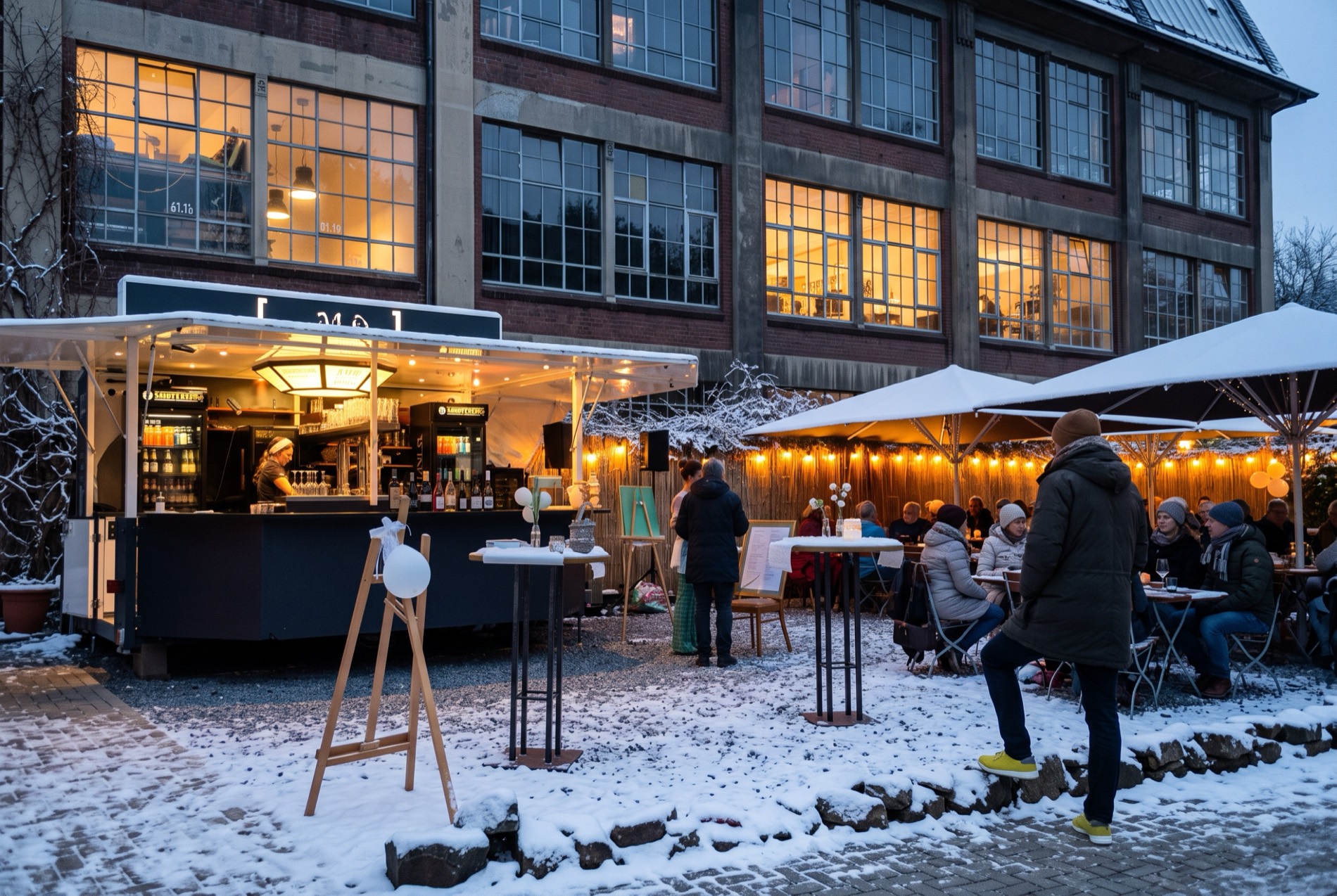 Bahnhof Blo Wuppertal: Empfang auf der Terrasse mit Außenbar und Lichterketten zur blauen Stunde