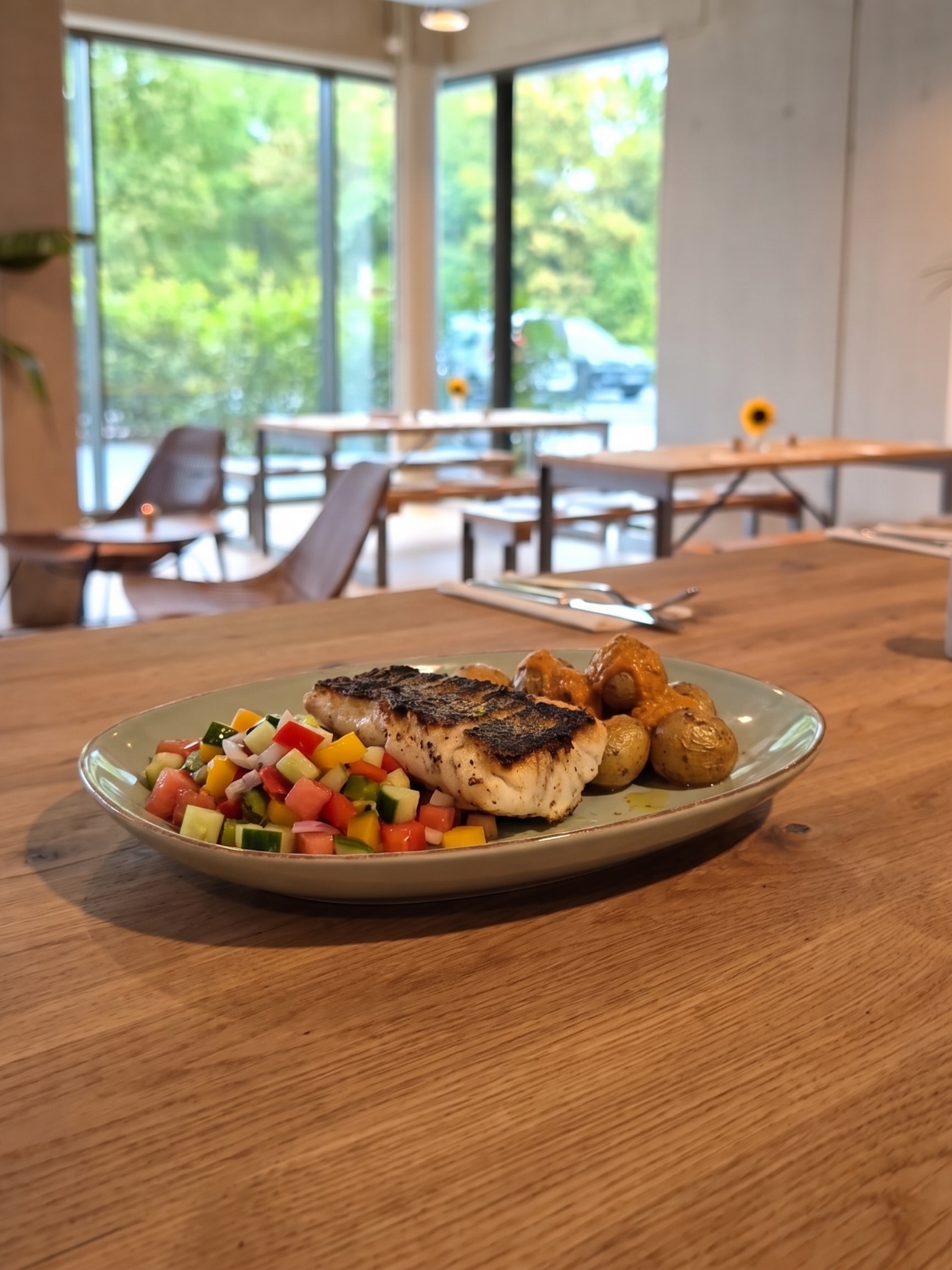 THE COURT Troisdorf: gebratenes Fischfilet an der Holztafel im Gastraum