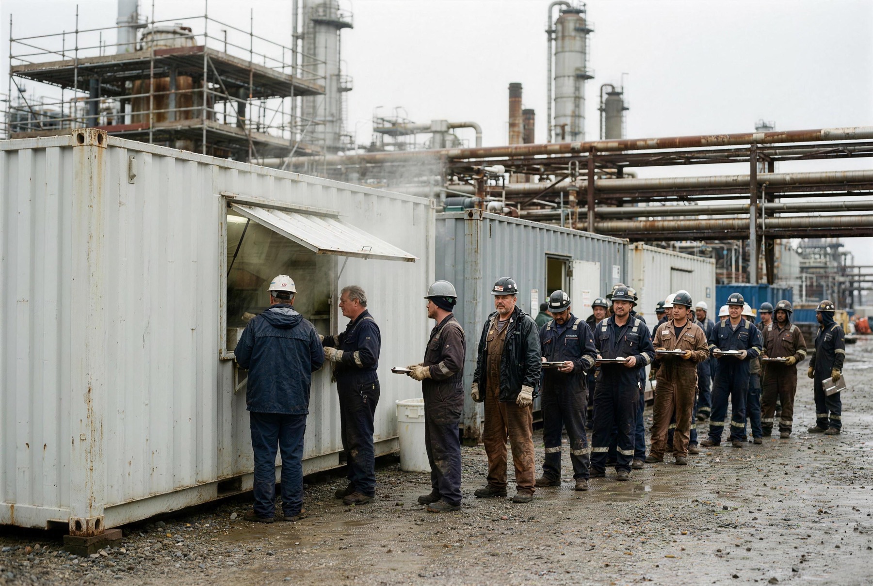 Containerk&uuml;che auf dem Werksgel&auml;nde, Anlagenpersonal wartet an der Ausgabeklappe