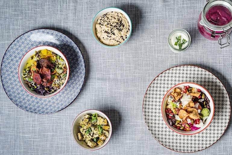 Mehrere Superfood-Bowls nebeneinander &ndash; Quinoa, S&uuml;&szlig;kartoffel, Rotkohl und Toppings