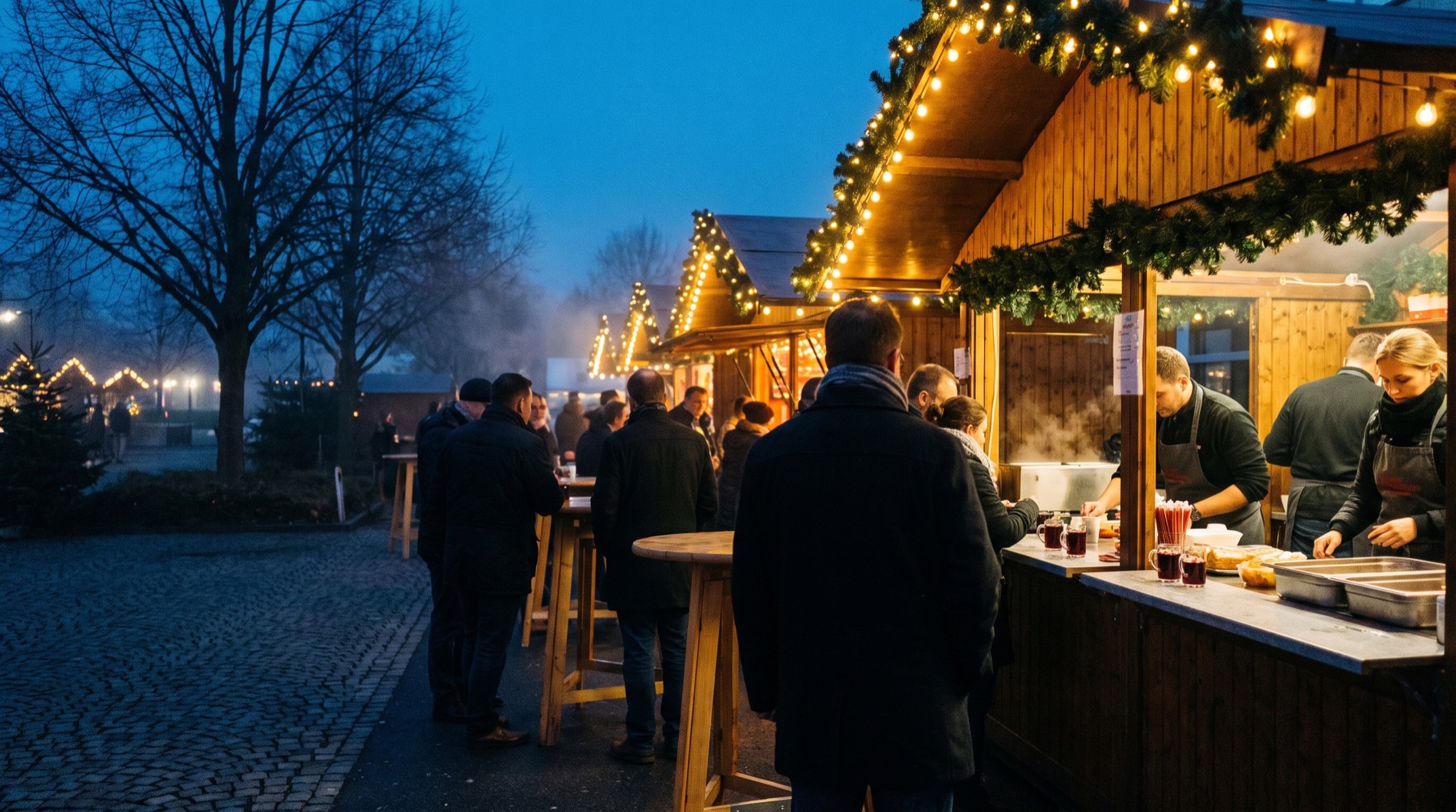 Firmenweihnachtsmarkt zur blauen Stunde: beleuchtete Holzbuden, Glühwein und Gäste
