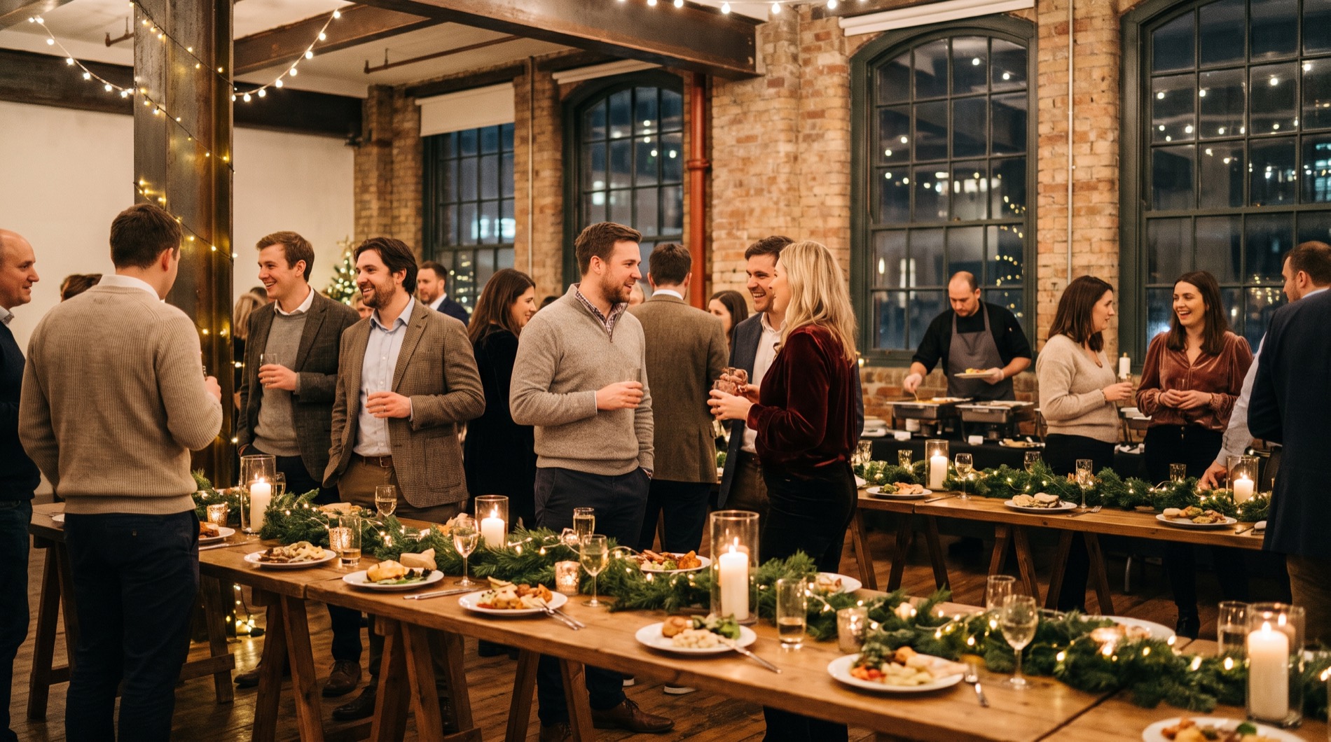 Weihnachtsfeier in einer Industriehalle: Gäste an festlich gedeckten Tafeln, Catering-Team im Hintergrund